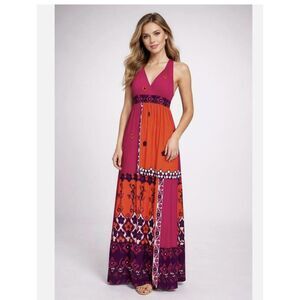 VTG Y2K Cache Sun Dress 10 Orange Hot Pink Jersey Knit Babydoll Maxi Resortwear